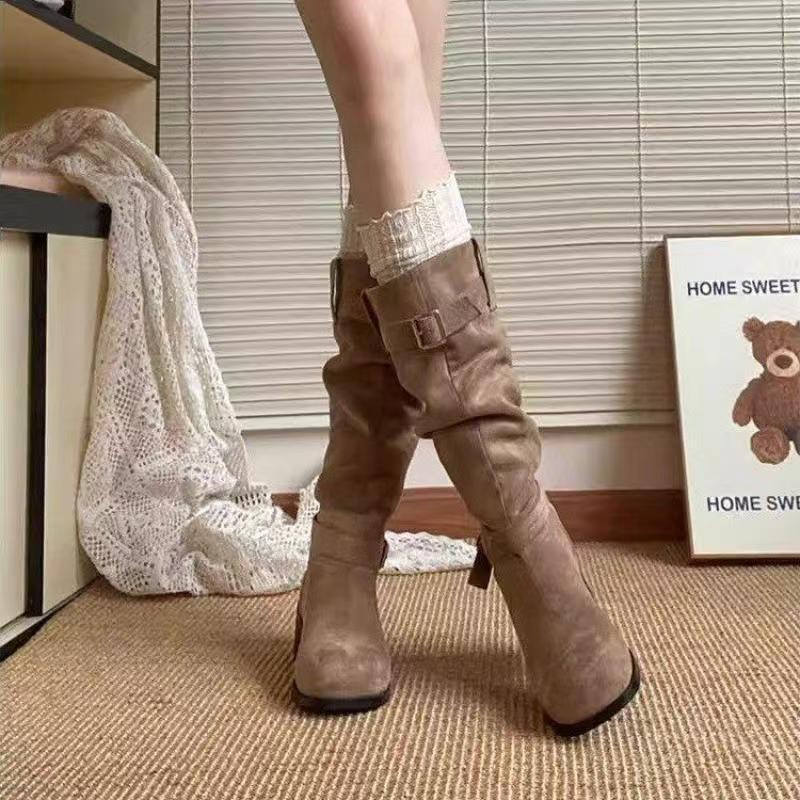 Весенние и осенние классические ковбойские ботинки женские грубые длинные ботинки показывают ноги тонкие и удобные штабелируемые ботинки