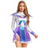 Womens Alien Astronaut Cosplay Dress Long Sleeve Flap Contrast Color Metallic Shiny A-line Space Warrior Dress