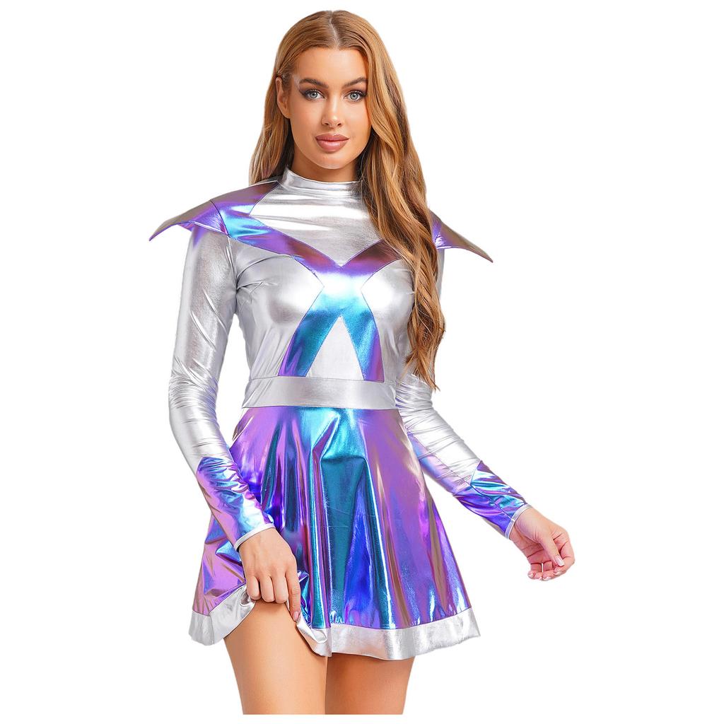 Womens Alien Astronaut Cosplay Dress Long Sleeve Flap Contrast Color Metallic Shiny A-line Space Warrior Dress