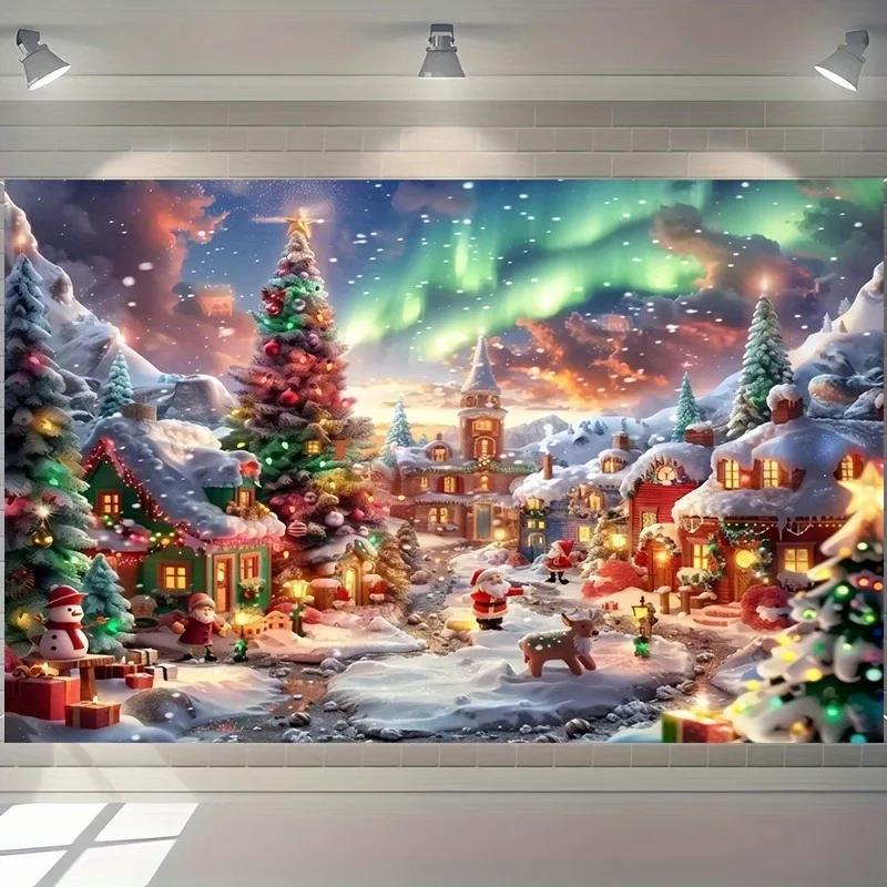Фоновая ткань для украшения рождественской вечеринки, рождественский городок, Аврора, снежная сцена, гобелен, подходящий для украшения дома на открытом воздухе
