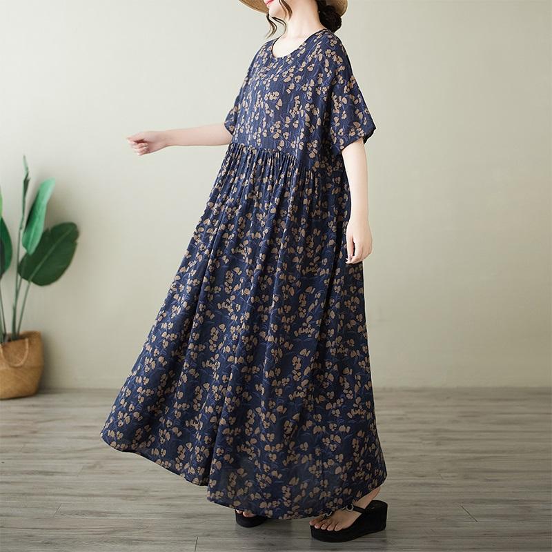 Короткий рукав Плюс размер Хлопок винтажный цветочный новый в платьях для женщин повседневное свободное макси длинное летнее платье