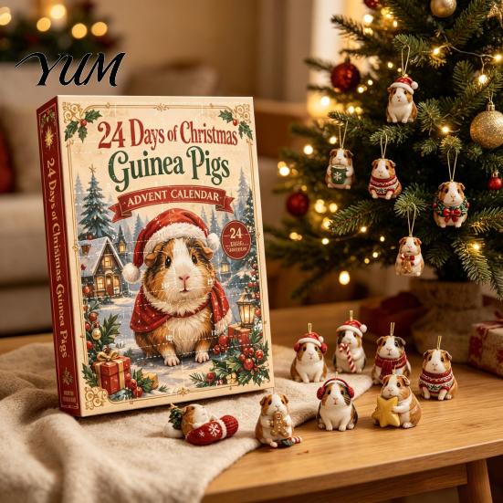 Christmas Hanging Pendant Guinea Pig Advent Calendar, 24-Day Acrylic 2D Ornament Set with Cute Animal for Tree Outfits, Decor, Gift Pet Lovers