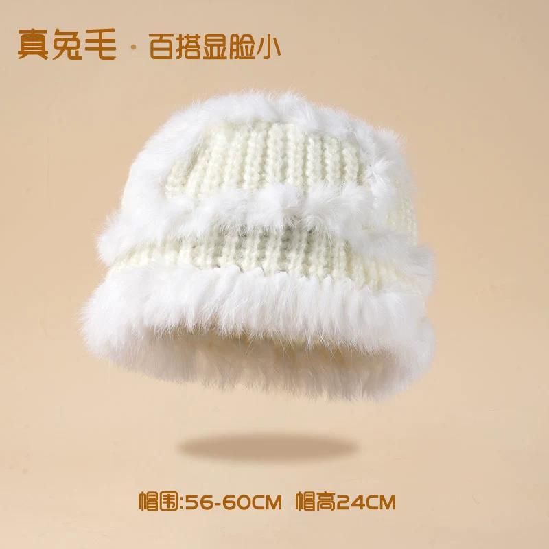 Вязаная шапка-ведро из меха кролика, женская, зима 2023, новая плюшевая утолщенная термошапка с изображением маленького лица