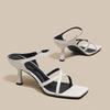 Fashion Brand Design Slim Band Sandals Woman Square Toe High Thin Heel Mule Slides Ladies Patent Leather Evening Party Pump Shoes