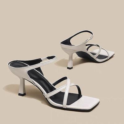 Дизайн Модного Бренда Сандалии с Тонкими Ремешками Женские Квадратный Носок Высокий Тонкий Каблук Мюли Слайды Женские Лакированная Кожа Вечерние Туфли-Лодочки для Вечеринки