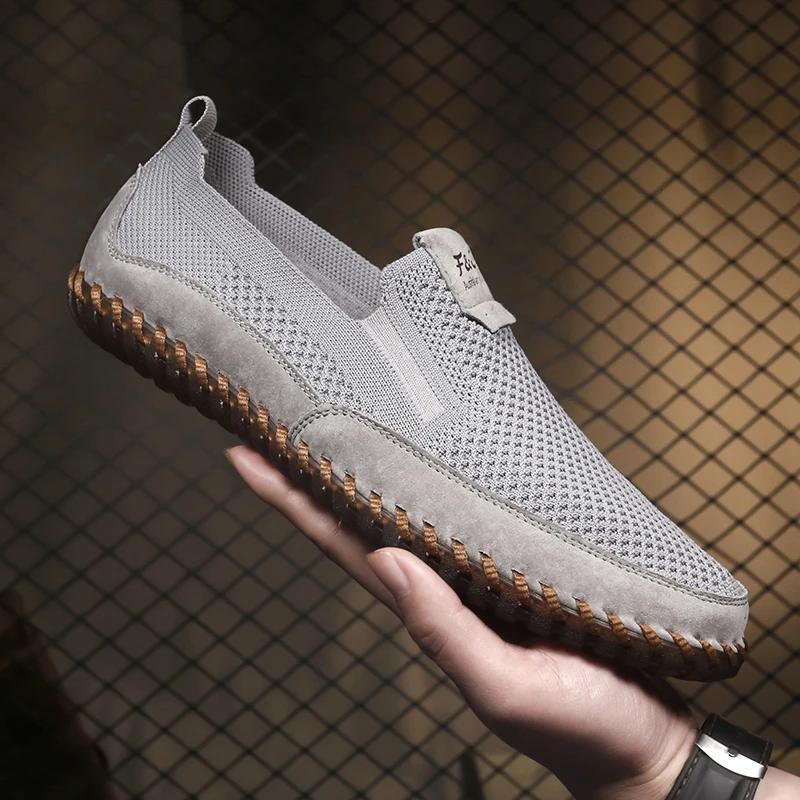 Модные дышащие прогулочные мужские туфли, дышащие мужские летние сетчатые легкие повседневные мокасины, мужская обувь для активного отдыха, нескользящие мужские туфли на плоской подошве