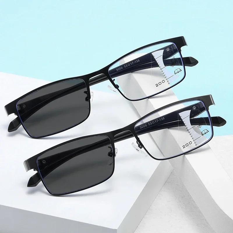 Anti-Blue Light Photochromic Far Sight Glasses Multifocal Reading Glasses Men'S Half Frame Business Presbyopia Glasses