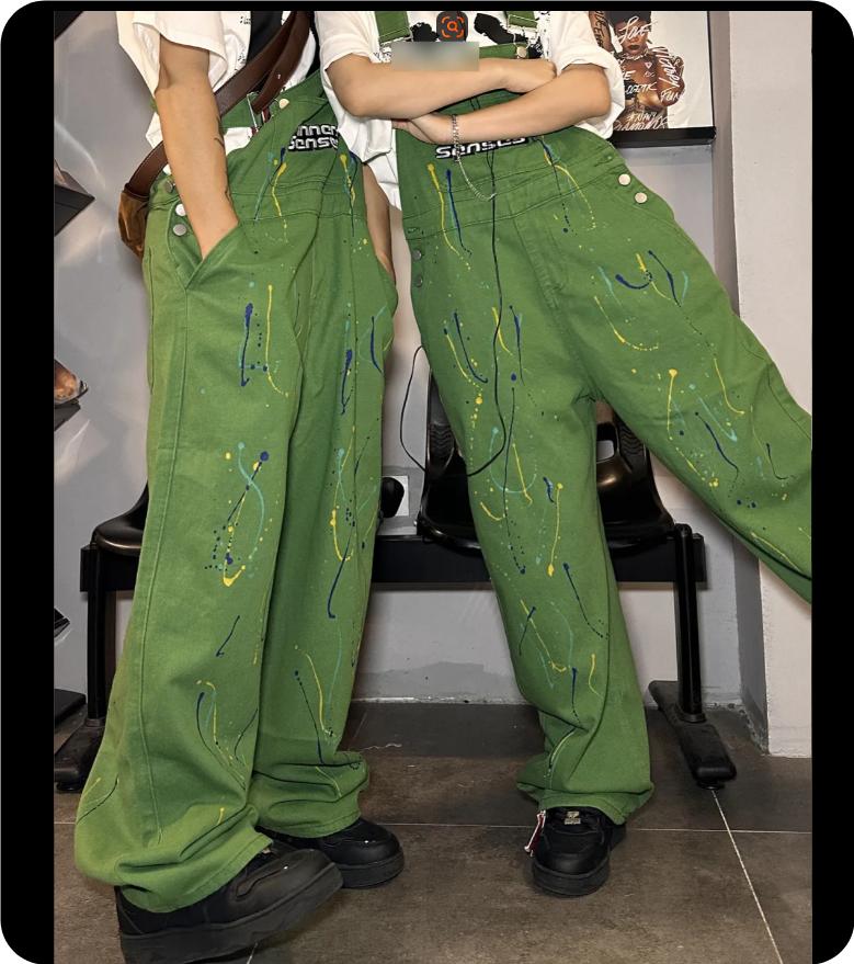 Ink-splashing Denim Overalls, American Retro Inkjet Tooling Overalls, Loose Casual Men's and Women's Trousers, Hiphop Tide