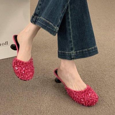 Сандалии розовые кристаллы летняя сексуальная обувь для женщин 2024 г. шлепанцы из горного хрусталя мюли женские тапочки драгоценности высокий каблук до 5 см нормальный F