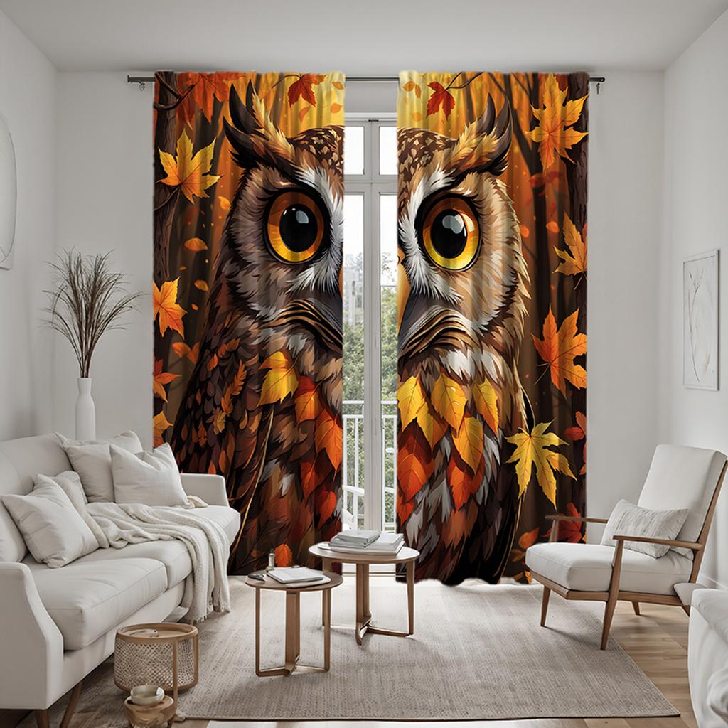 2pcs Set HD Maple Owl Decorative Curtain Yellow Tie Digital Printed Curtain Home Decoration Style Decoration Living Room Bedr