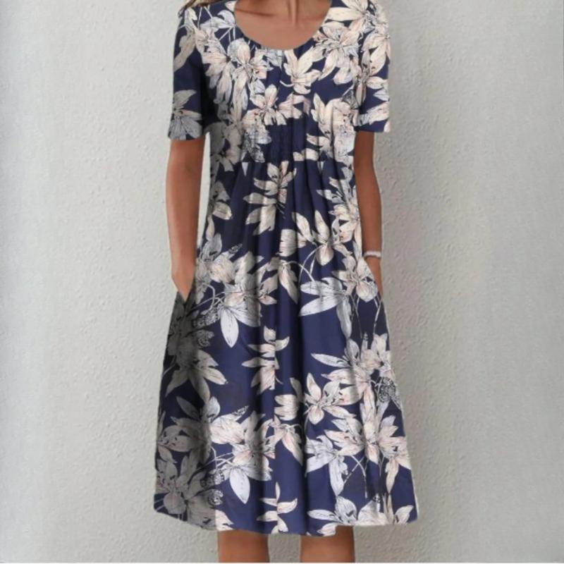 QICED Женская мода лето весна однотонный принт с коротким рукавом и круглым вырезом с высокой талией повседневные платья