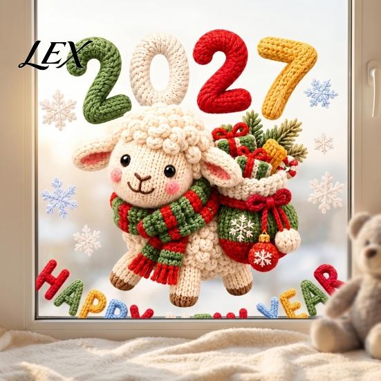 Festive Window Decorations Happy New Year Cling, 2027 Crochet Sheep Snowflake Glass Decals Glas Sticker, Reusable Christmas Holiday Decoration Static