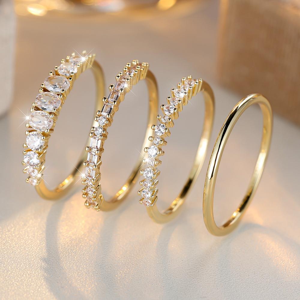 4Pcs/Set White Zircon Engagement Rings Set for Women Classic Gold Color Wedding Ring Jewelry Gift