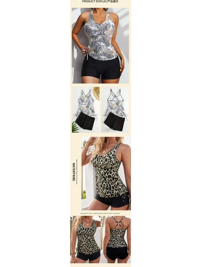 Women's Tropical Print Two-Piece Tankini Swimsuit: Conservative Slimming Design with Flat Leg Style