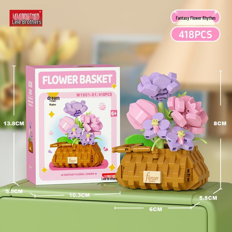 Preserved Flower Basket Building Blocks: Rose & Succulent Ornaments, Educational Toy for Girls, Ideal for Valentine's Day or June 1st Gift