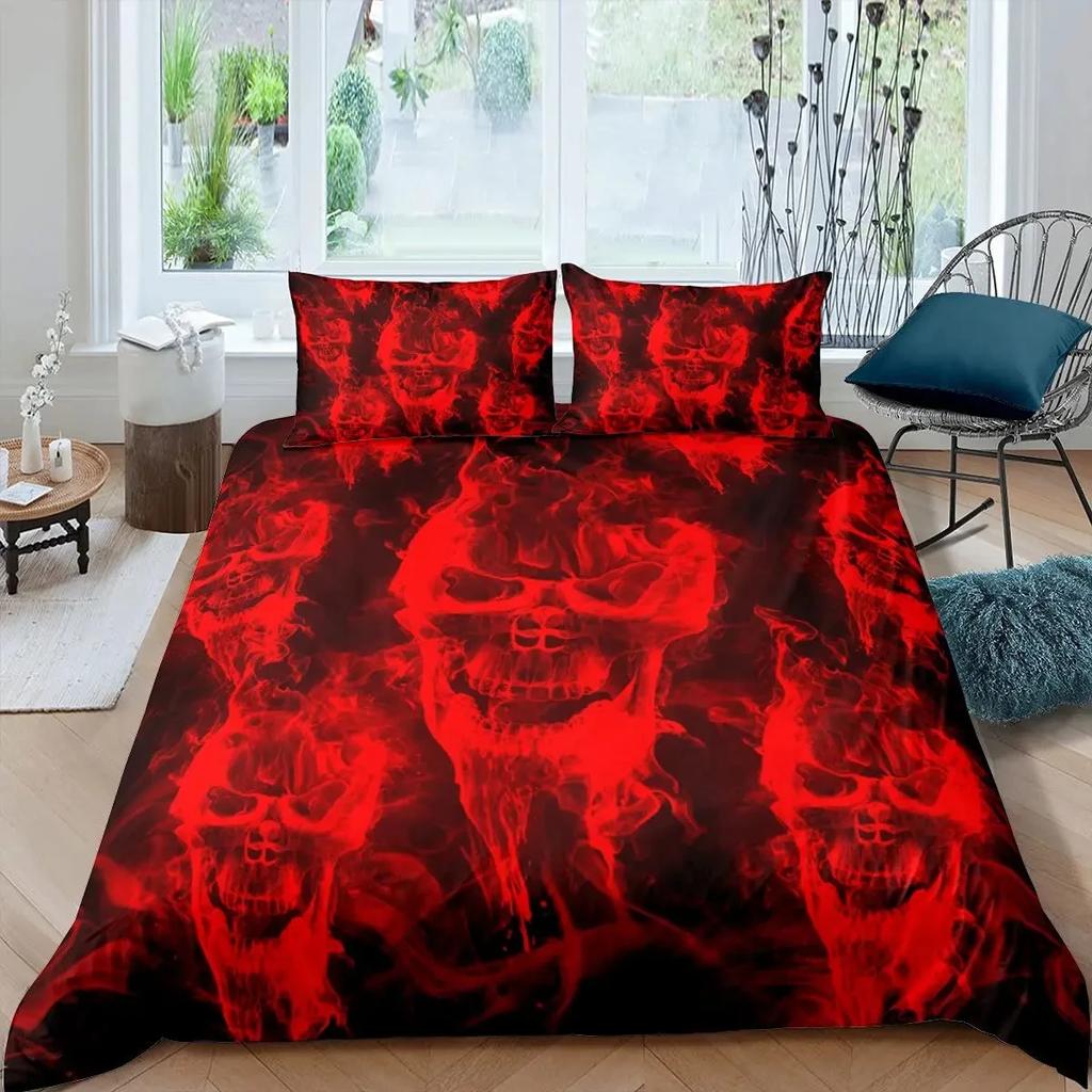 Black Blue Flame Skull Duvet Cover Set Full Size 3D Skeleton Bones Bedding Set Gothic Comforter Cover Horror Skull Quilt Cover