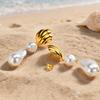 Vnox Stainless Steel Irregular Textured Oval Imitation Pearl Earrings Gold Plated Pearl Dangle Earrings Jewelry Birthday Gift