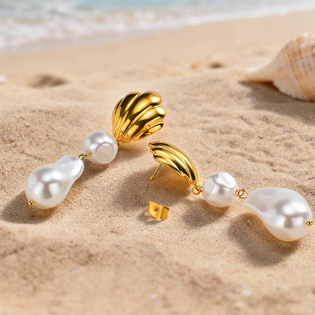 Vnox Stainless Steel Irregular Textured Oval Imitation Pearl Earrings Gold Plated Pearl Dangle Earrings Jewelry Birthday Gift