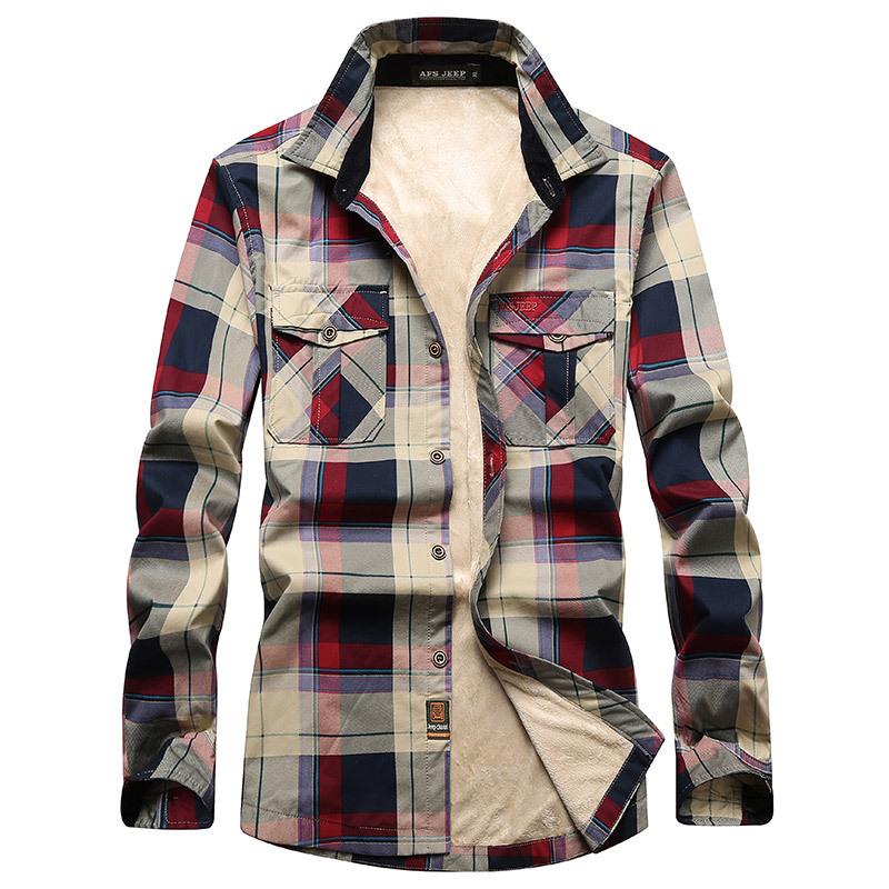 Autumn and Winter Men's Plaid Long-sleeved Shirt Plus Velvet Thickened Warm Shirt Plus Size Shirt Trend 1598