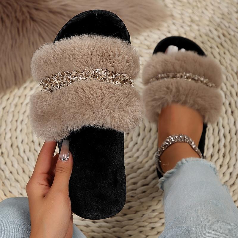 Fashion Luxury Pearl Decor Home Fur Slippers Women Winter Indoor Cozy Open Toe Fluffy Slides Woman Mixed Color Plush Warm House Slippers