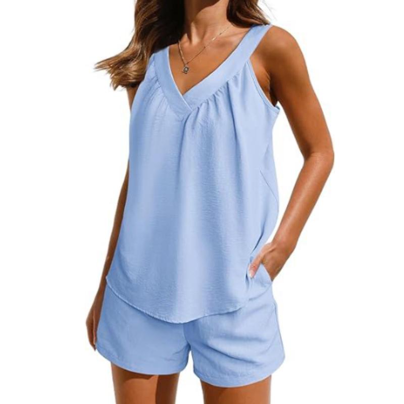 Женский однотонный свободный пуловер с v-образным вырезом, повседневный топ без рукавов с карманами, шорты, комплект