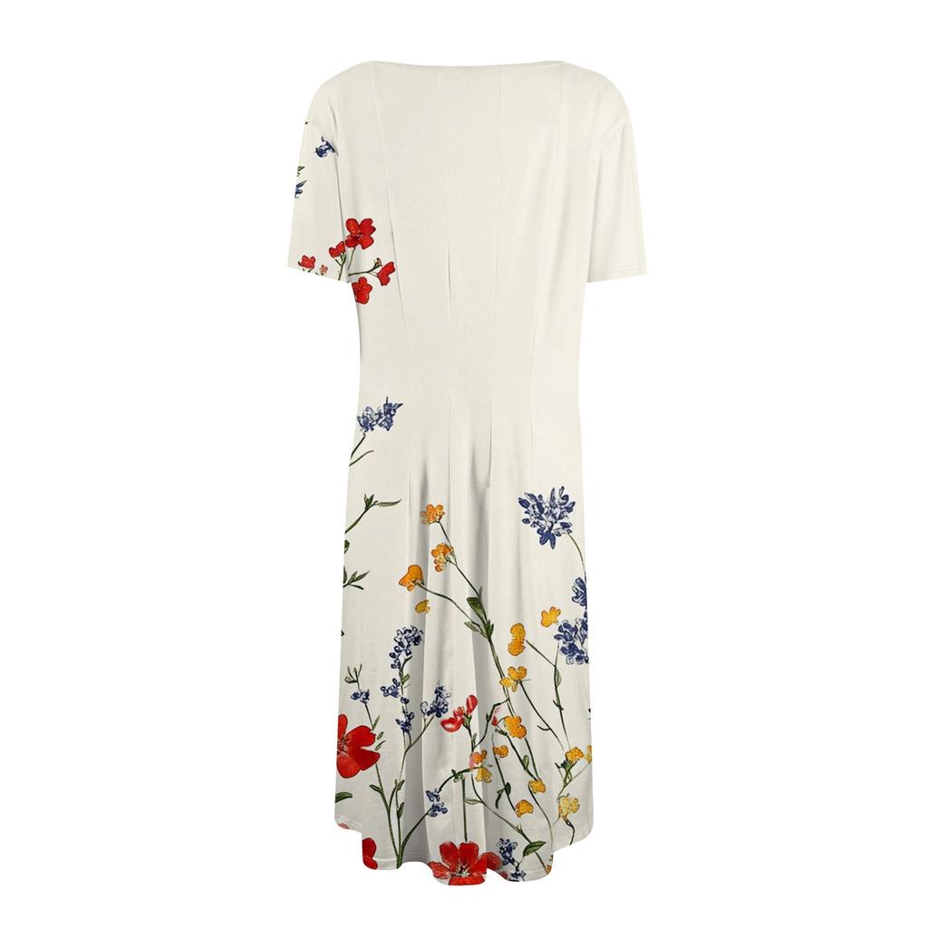 Women's Fashionable Print Round Neck Loose Short Sleeved Pocket Pullover Dress