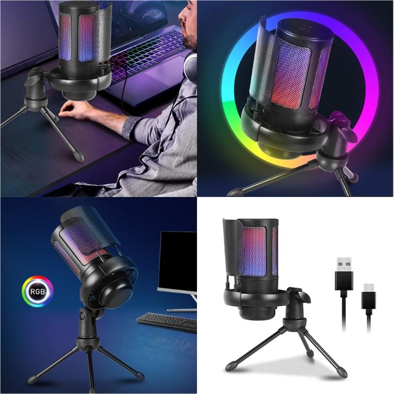 USB-конденсаторный микрофон 192 кГц, регулируемая подсветка, для компьютеров, игр и стриминга, подкастинга, живого пения, микрофон