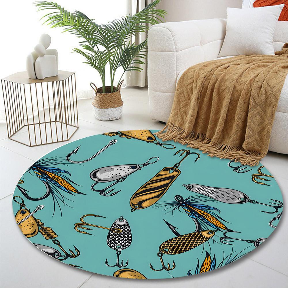 Fishing Lures and Hooks Pattern Print round rug, living room, bedroom, playroom carpet, non slip floor mat, gift