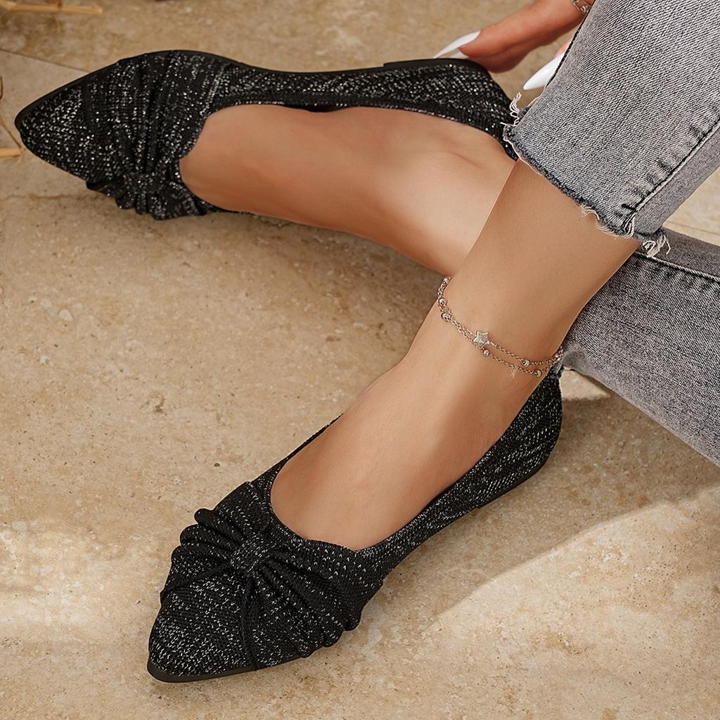 Женские слипоны из ткани Flyknit широкой полноты - Лоферы с низким вырезом и бантом для работы, Дышащая повседневная обувь