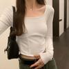 Square Neck Fishbone Top for Women In Autumn New Niche Waist-revealing Long-sleeved Short T-shirt with Bottoming Shirt