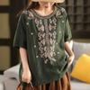 T-shirt Cotton Short-sleeved Shirt Women Summer Embroidery Versatile Round Neck Loose Linen Tops