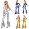 Women Disco Dance Outfit Cold Shoulder Long Sleeve Tassel Sequined Crop Top Metallic Shiny Flared Pants