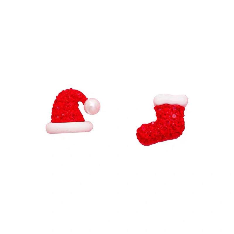 Korean Style S925 Silver Needle Christmas Stocking & Hat Asymmetrical Stud Earrings - Fun New Year Gift Jewelry