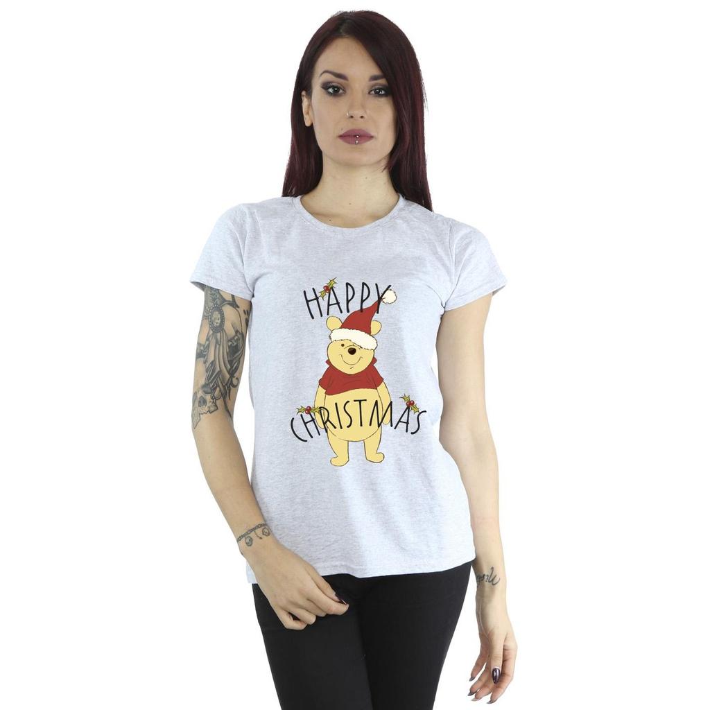 Disney Womens/Ladies Winnie The Pooh Happy Christmas Holly Cotton T-Shirt