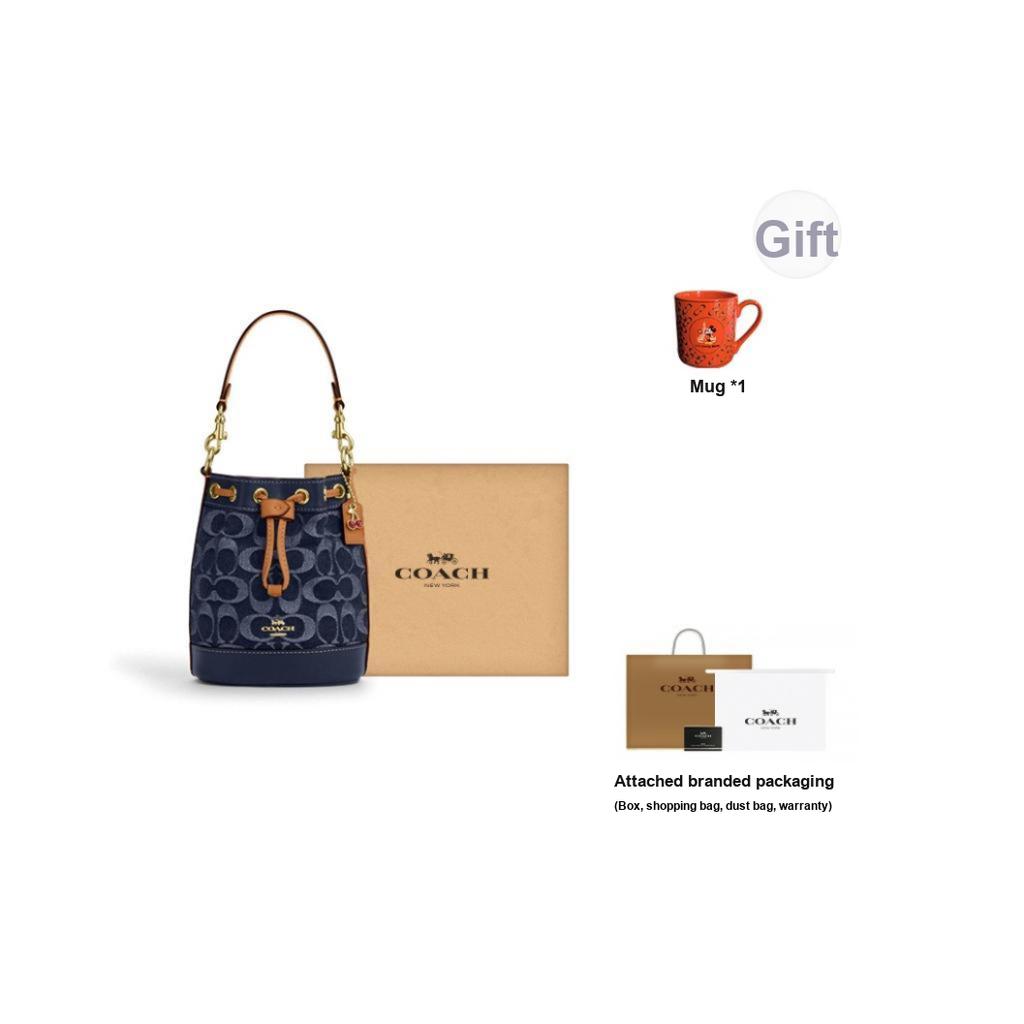 New COACH Signature Fabric With Cow Leather Bucket Bag, Shoulder Bag, Crossbody Bag, Handbag Mini Women's Denim Blue CY740-IMXIA
