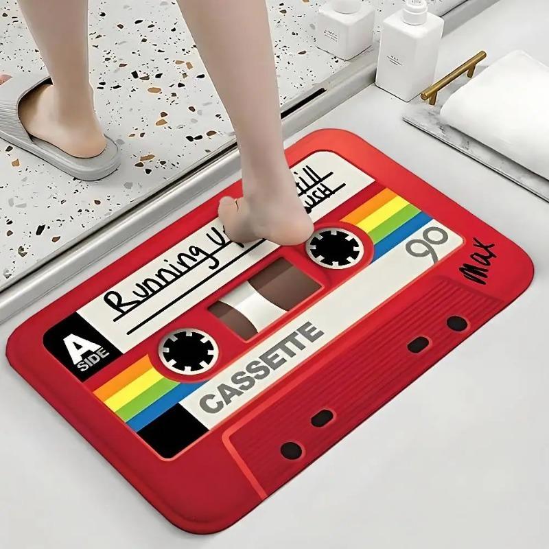 Retro Red Cassette Tape Music-Themed Rug Non-slip Washable Ideal Living Room Door Mat Home Decor