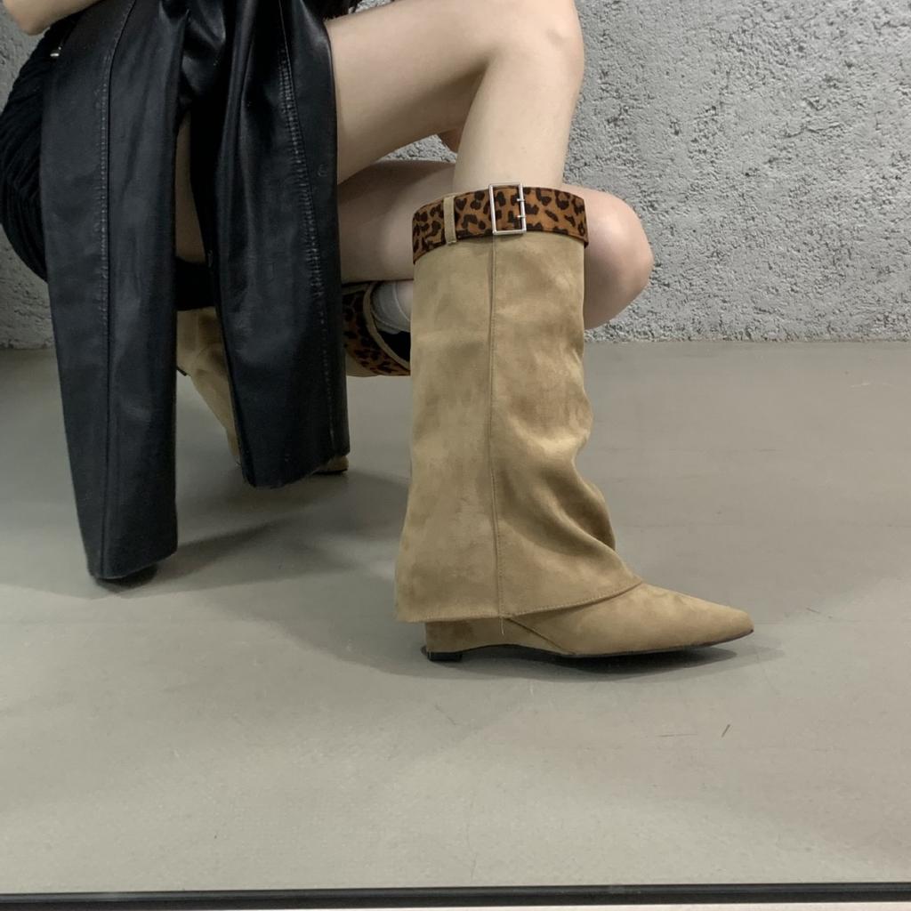 Fashionable Leopard Print Pointed Toe Wedge Trouser Tube Boots Women's Autumn Removable Belt Buckle Mid-tube Boots