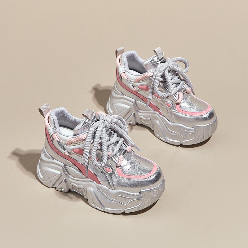 Кожаные туфли на платформе-маффине, папины кроссовки, женские, осенние, новинка, с круглым носком, на шнуровке, с скрытым каблуком, женская обувь, универсальные спортивные туфли