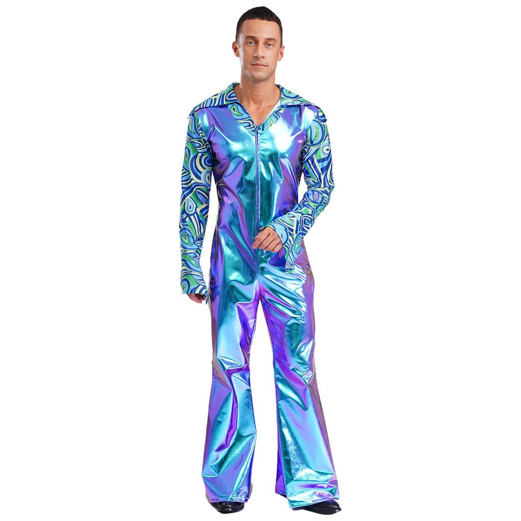 Men Hippie Romper V Neck Lapel Flare Sleeves Bell Bottom Jumpsuit Patchwork Design Music Festival Wear