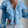 Casual Fashion Pleated Office Tops Ruffled V-neck Chiffon Blouse Women Long Sleeve Solid Shirt Female Elegant Tops 29087