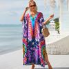 Plus Size Boho Cover Up, Women's Plus Painting Print Bat Sleeve V Neck Split Hem Maxi Cover Up Dress