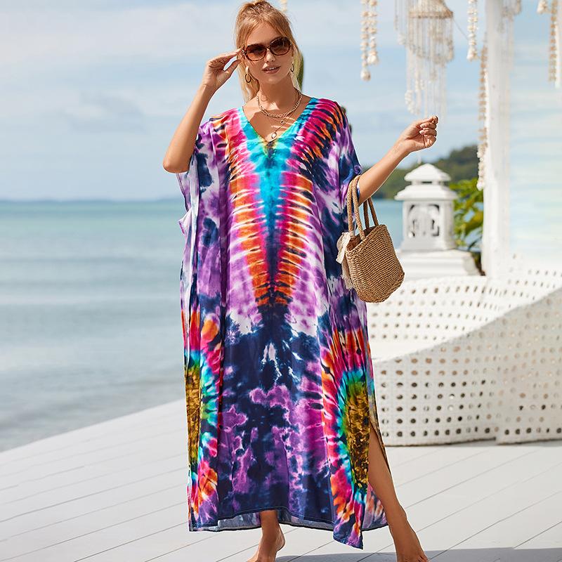 Plus Size Boho Cover Up, Women's Plus Painting Print Bat Sleeve V Neck Split Hem Maxi Cover Up Dress