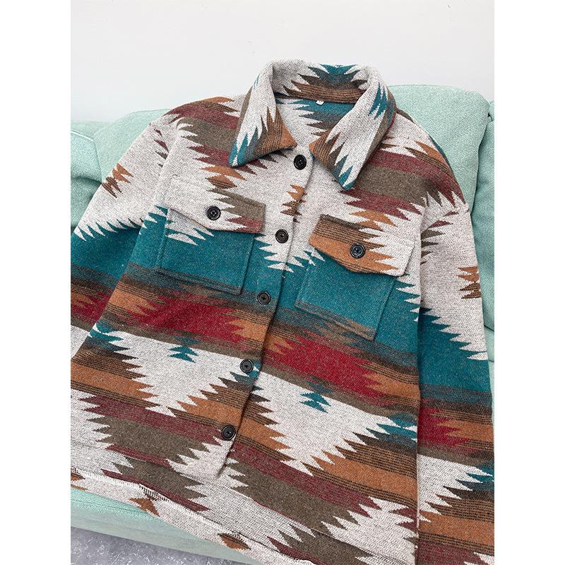 Куртка с лацканами, однобортная куртка, жаккардовое пальто с геометрическим рисунком, пальто в этническом стиле, женское шерстяное плотное пальто, осеннее и зимнее пальто