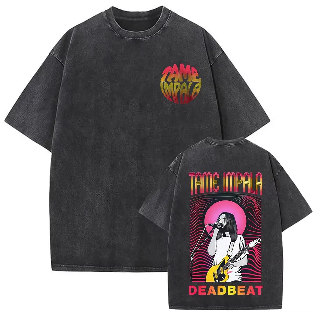 Rock Band Tame Impala Deadbeat Tour 2026 Vintage Washed T-shirt Unisex Hip Hop Gothic T Shirt Casual Oversized Short Sleeve Tees