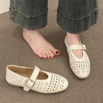 Модные плоские ретро дышащие туфли Мэри Джейн с вырезами и мягкой подошвой, летние новые весенне-летние французские неглубокие легкие одинарные туфли