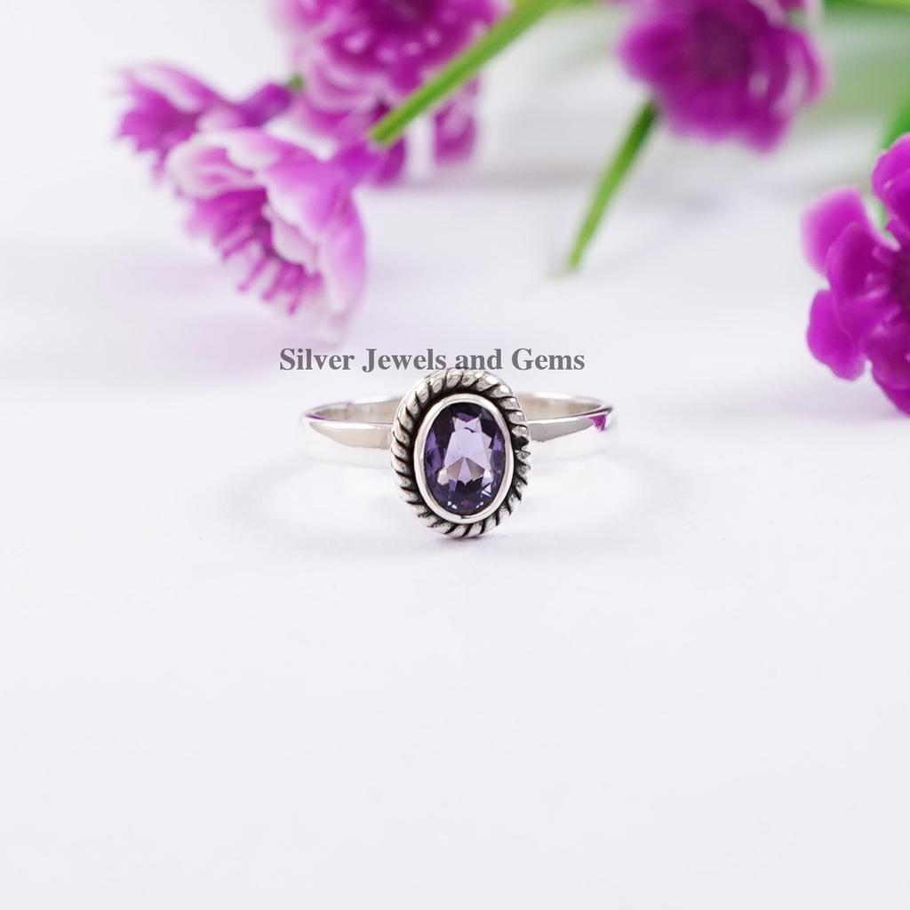 Natural Amethyst Ring, Handmade Minimalist Ring, 925 Sterling Silver Ring, Oval Crystal Ring, Gift for Mom, February Birthstone