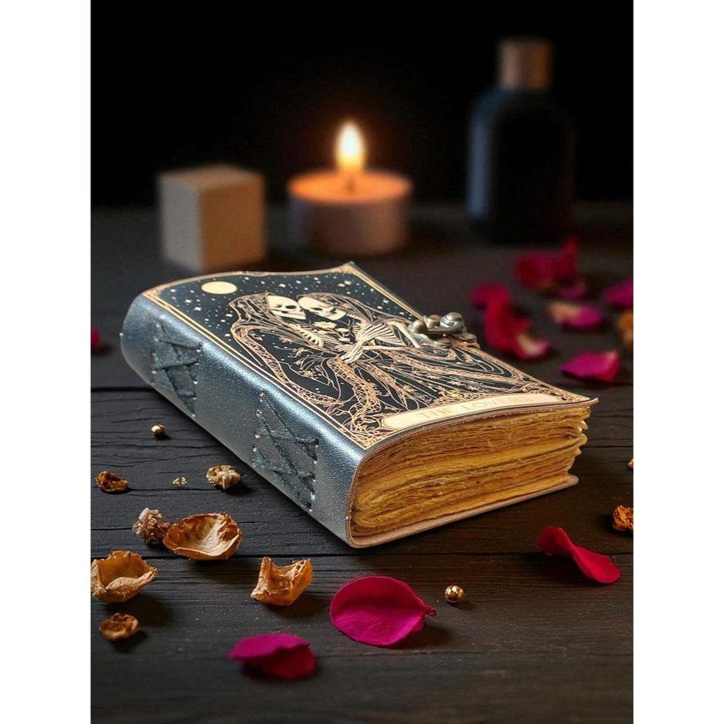 Book of Spells Grimoire Printed Journal The Lovers Tarot Notebook Spiral Gothic Notebook Skull Lover Antique Journals Gifts for Men or Women