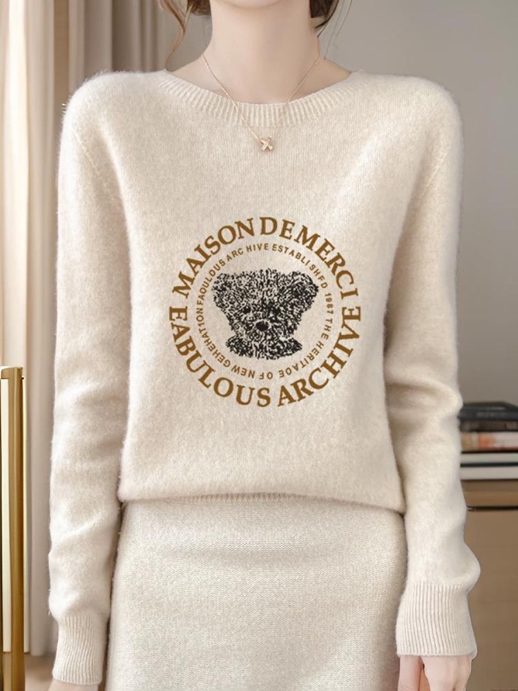 Fresh Korean Style Women's Andy Fleece Printed Sweater - Round Neck, Long Sleeve, Autumn Knit Base Layer