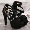 Maogu Pump Shoes for Women 2024 Black Gladiator Sandals Double Buckle Peep Toe High Heels Party Platform Chunky Block High Heel