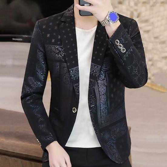 Весенне-осенний мужской пиджак с модным принтом и отложным воротником на одной пуговице, приталенный костюм в Корейском стиле, уличная одежда